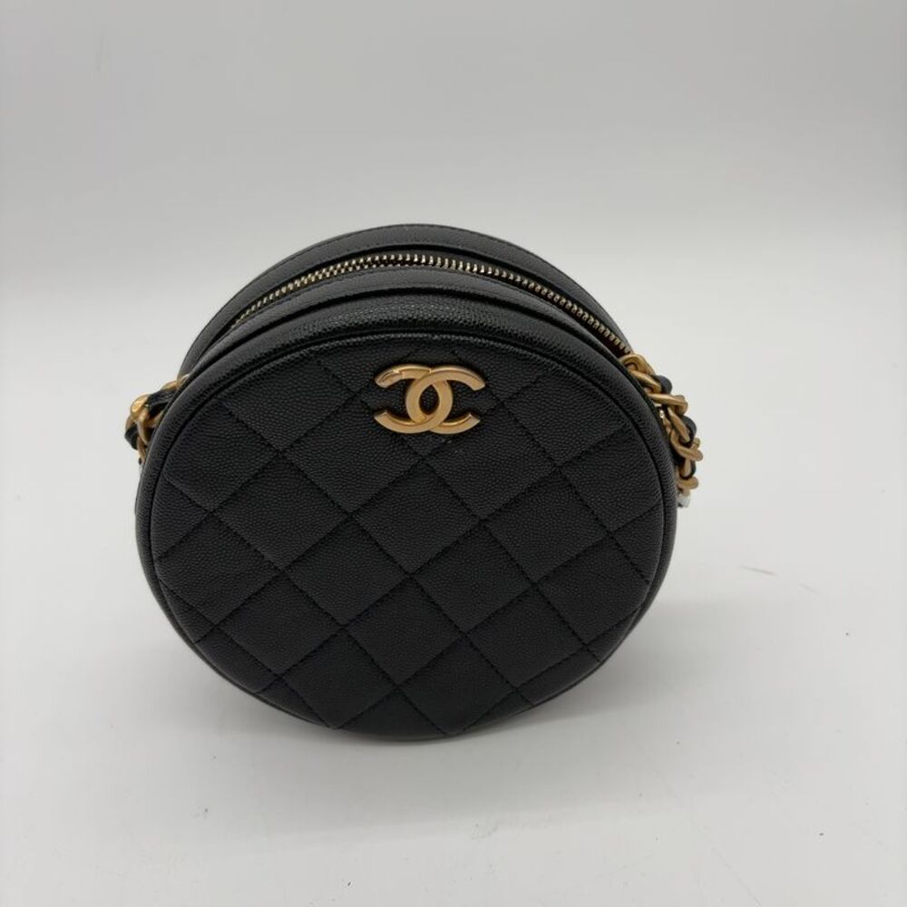 CHANEL Round Quilted Min Crossbody Bag-Black Caviar-Gold Authentic - Picture 1 of 5